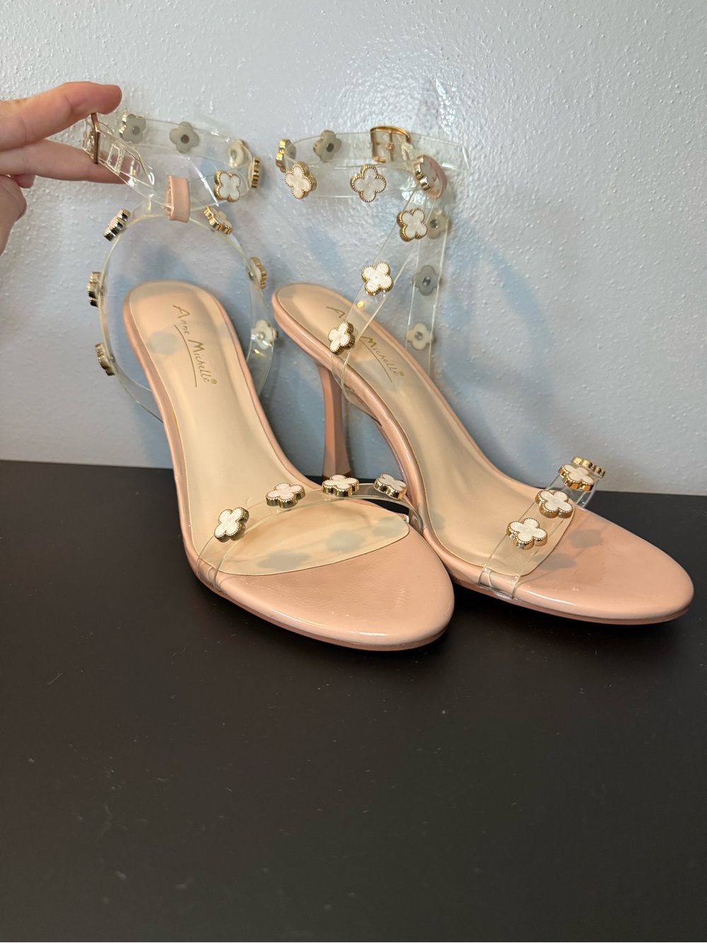 Anne Michelle Blush Pink Clear Floral Ankle-Strap Heels